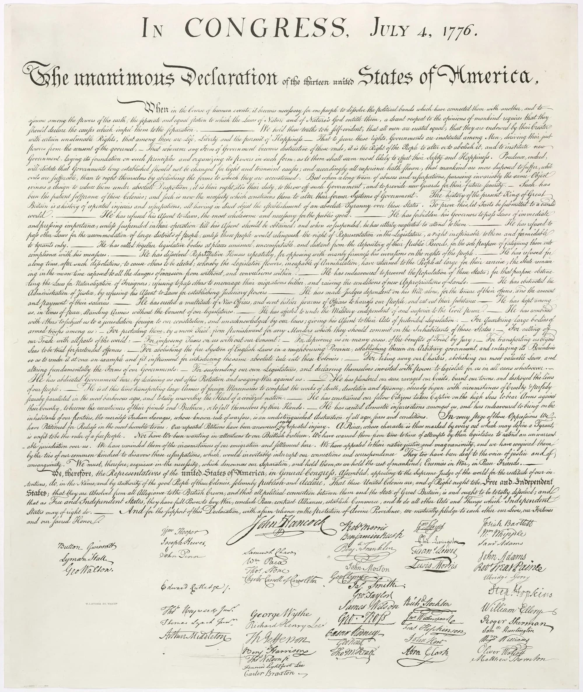 The engrossed United States Declaration of Independence on aged parchment.