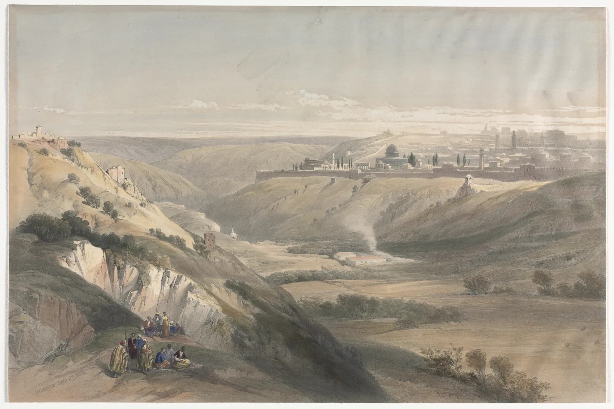 A nineteenth-century view of Jerusalem from the Mount of Olives in golden light.