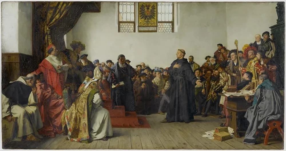 Martin Luther standing before the Diet of Worms in 1521, refusing to recant.