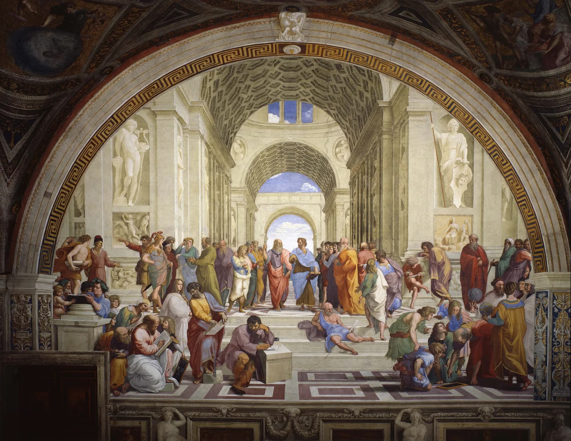 The philosophers of antiquity gathered beneath classical arches.